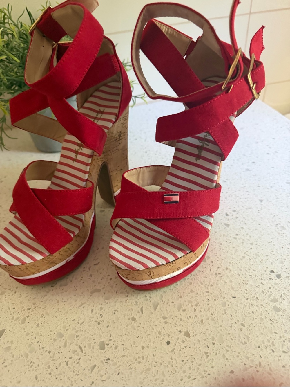 Tommy Hilfiger Red Suede Cork Platform Sandals with Striped Footbed